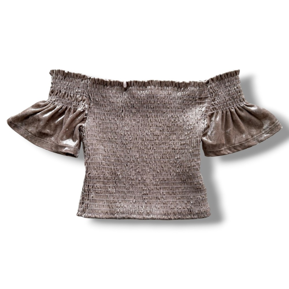 Lulus Womens S Taupe Gold Velvet Smocked Off the Shoulder Ruffle Farrah Crop Top
